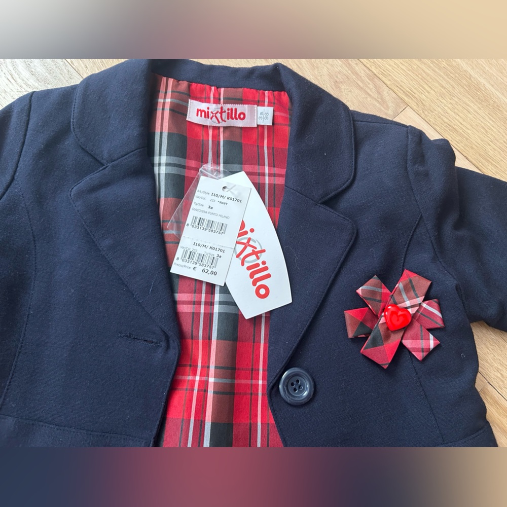 European Stylish navy Blazer with Red Plaid Lining Sz 3T girls - Picture 2 of 6